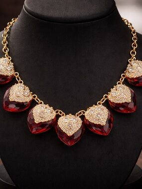 Gold Chain Necklace with Red Crystal Heart Drops
